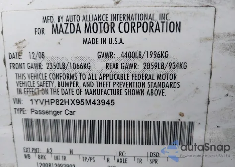 2009 Mazda Mazda6 I Touring z USA, uszkodzony, nr VIN 1YVHP82HX95M43945